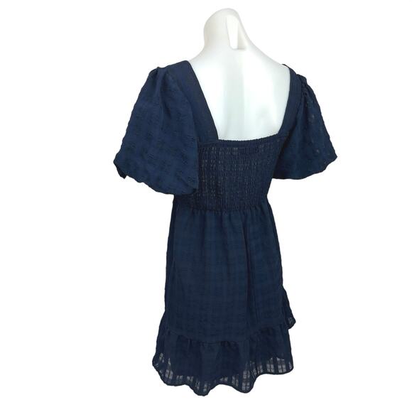 Midnight Doll Blue Smocked Square Neck Puff Sleeve A Line Mini Dress Size M - Picture 2 of 5